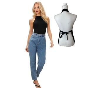 Aritzia Le Fou Wilfred Black Knit Mock Neck Halter Top Open Tie-Back Blouse SM